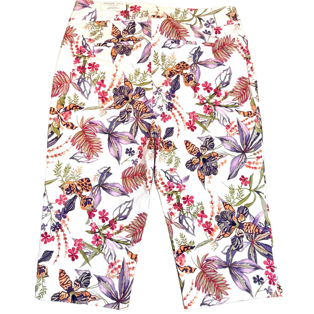 Chico's Capri Pants Women's Size 12 (2) Tropical Orchid Floral Pull On 2 Pocket